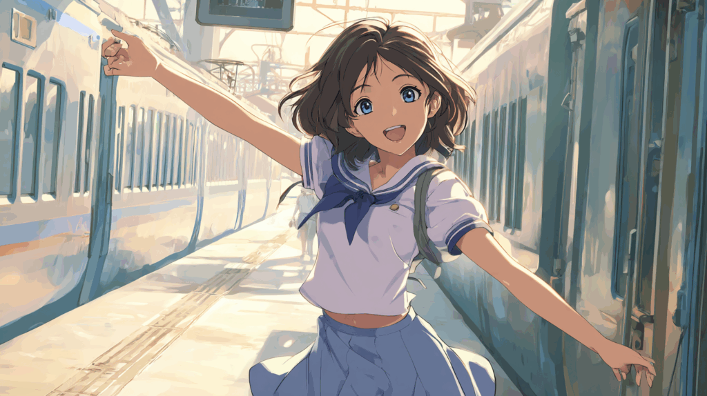 セーラー服を着た女子学生が、駅のホームで電車の横を元気に片手を広げて歩いているイラスト。明るい日差しが差し込む爽やかな雰囲気。