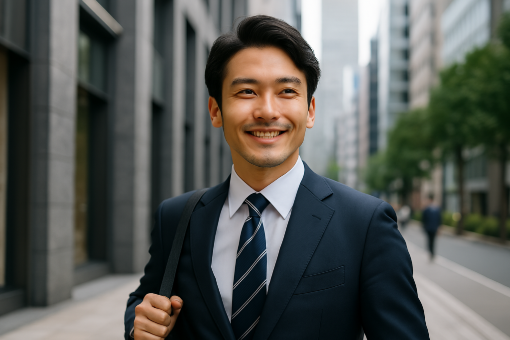 都会のビジネス街を颯爽と歩く30代の日本人男性。スーツ姿で微笑みながら前を向く姿が、自信と成長を感じさせる実写風画像。