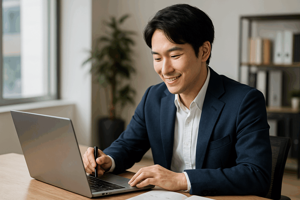 オフィスデスクでスプレッドシートを確認する20代日本人ビジネスマンの写真風イメージ