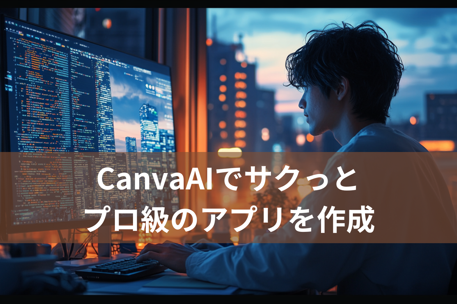 日本人男性が微笑みながらPCモニターでプログラミングをしている、モダンなオフィスで背景に都市景観が見える、ブログヘッダー用にデザインされテキストオーバーレイ用のスペースがある